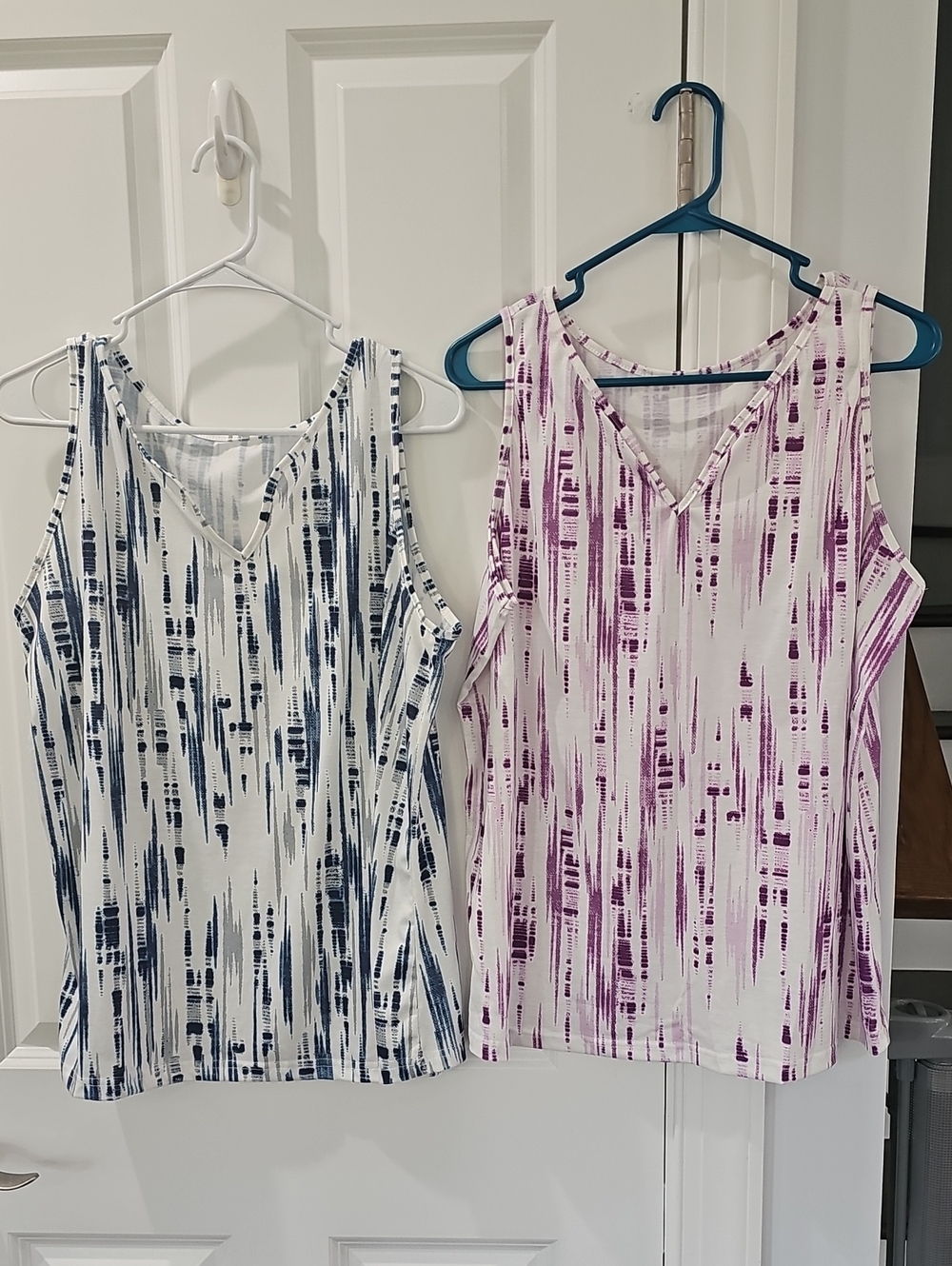Bundle Of 2 Sleeveless V-Neck Tank Tops - Navy & Gray/ Purple Stripe